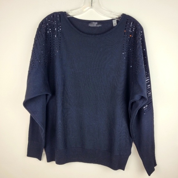 Tahari T crew neck black sweater sequin detail raglan sleeve mob wife cozy NWT M - Picture 2 of 12